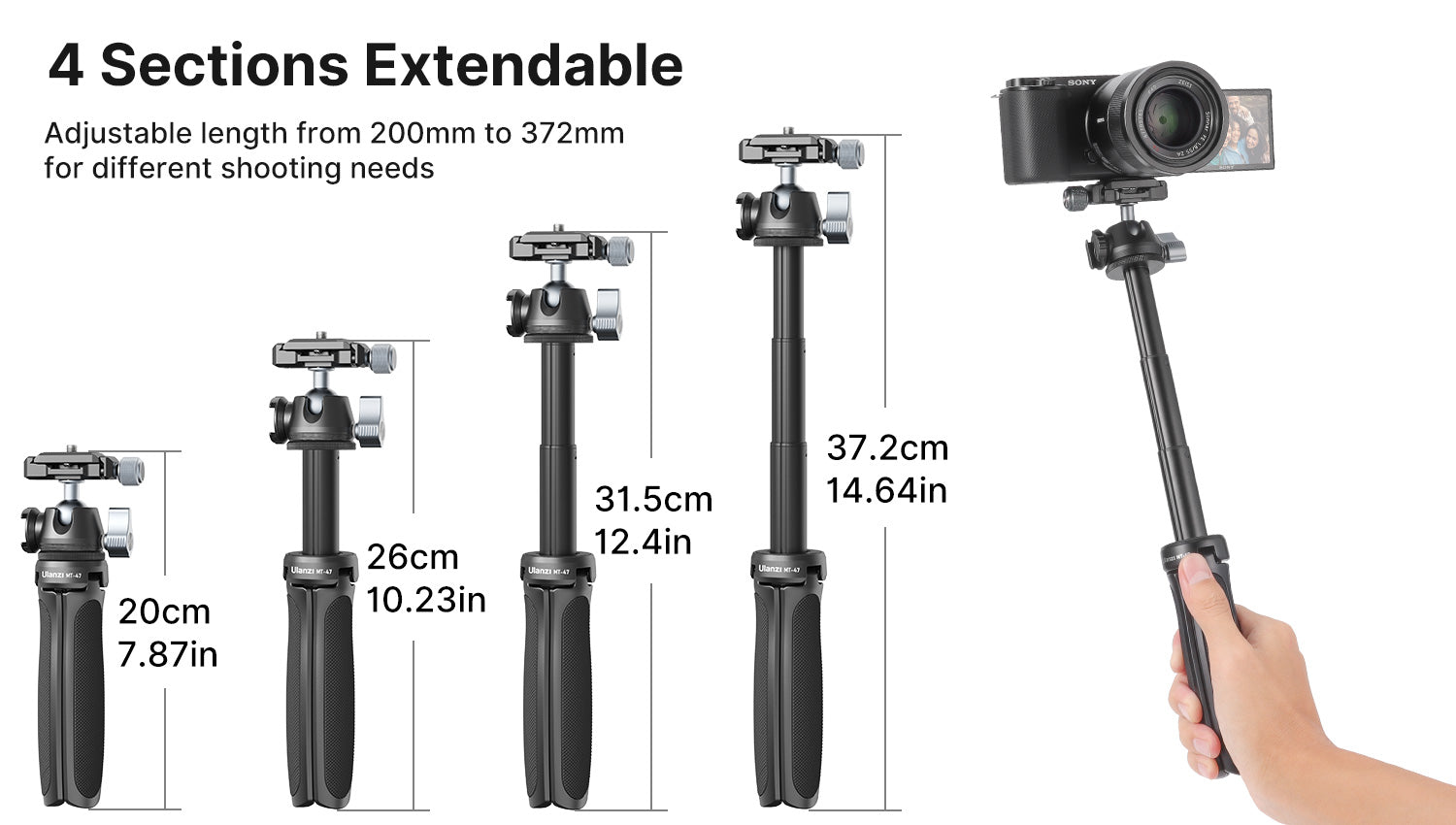 ULANZI MT-47 állítható méretű mini tripod, asztali állvány gömbfejjel, 1/4-es csatlakozással, vakupapucs foglalattal (2600)-4