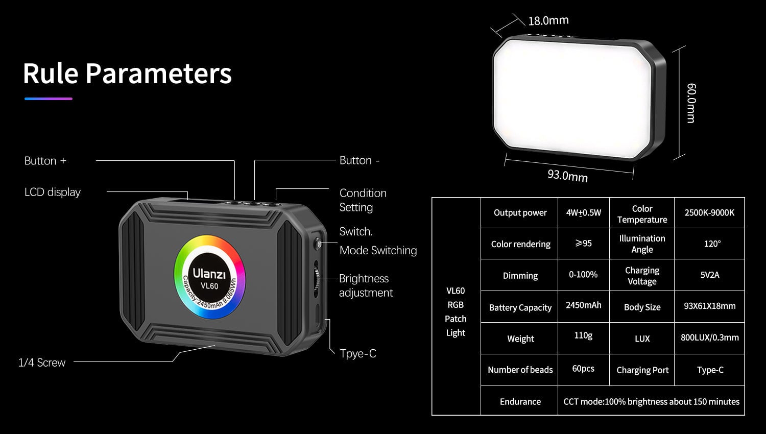ULANZI VL60 RGB LED lámpa, videólámpa 2500-9000K (2296)-11