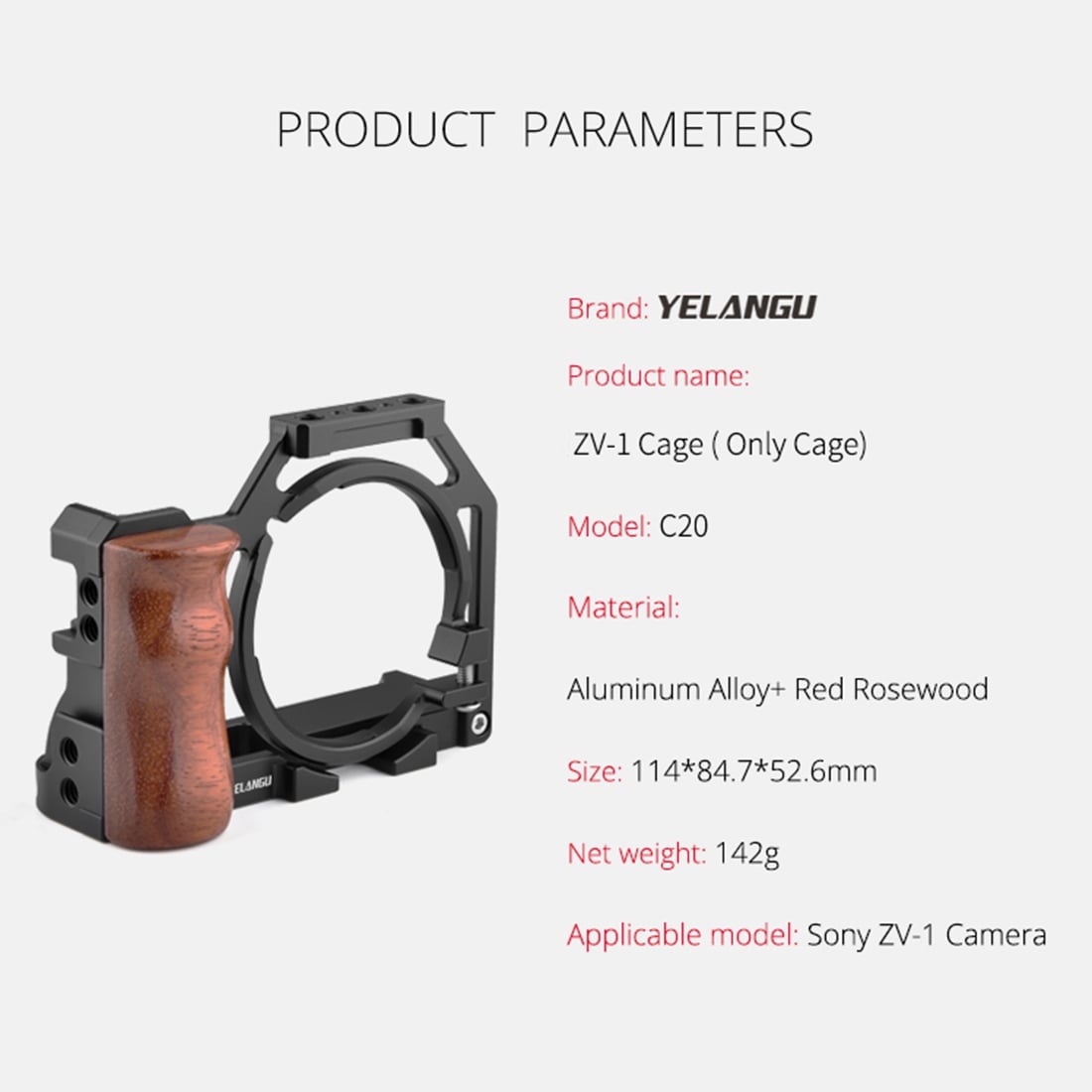 YELANGU C20 Camera Cage Sony ZV-1 kamerához fa markolattal (DCA1228)-3