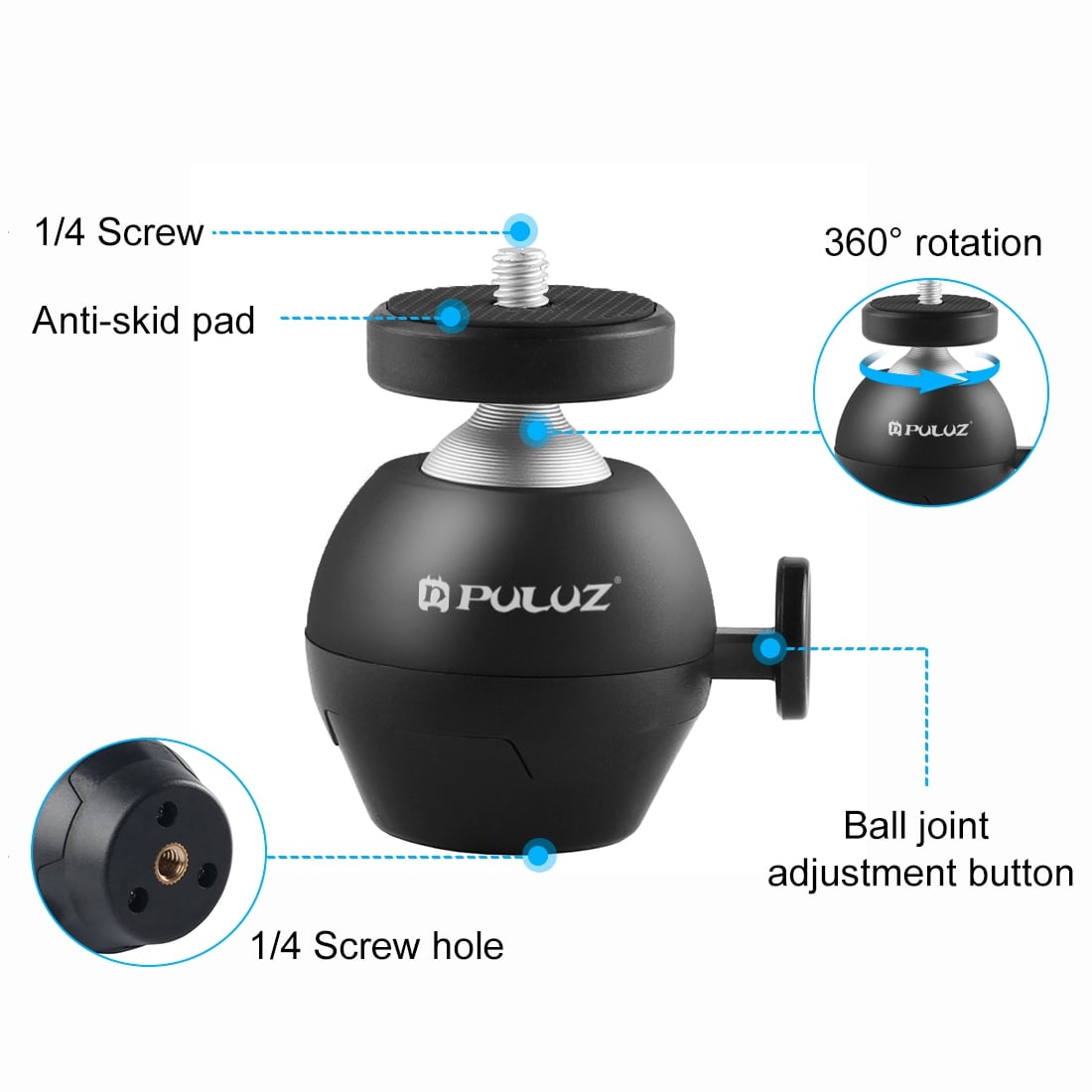 PULUZ mini gömbfej 1/4-es csatlakozással, fekete (PU3056B)-2