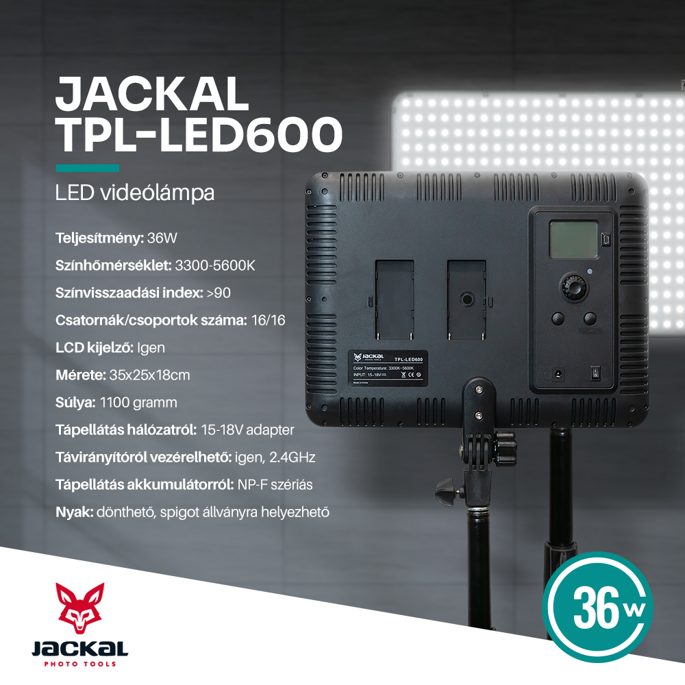 Jackal TPL-LED600 LED videólámpa 3300-5600K-1