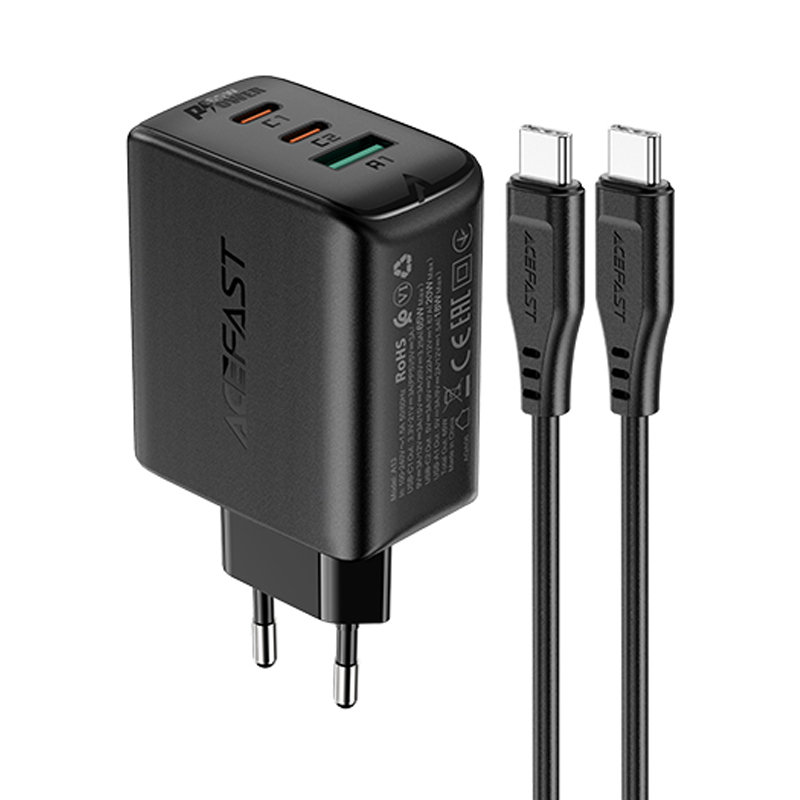 Acefast A13 2 az 1-ben fali töltő 2x USB Type C / USB 65W PD QC 3.0 AFC FCP + töltő kábel fekete-0