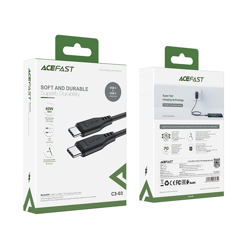 Acefast C3-03 USB Type C - USB Type C kábel 1,2m 60W (20V / 3A) fekete-5