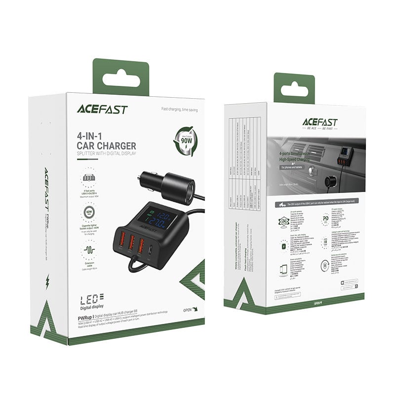 Acefast B8 szivargyújtós autós töltőállomás 90W USB Type C / 3x USB PPS PD3.0 QC3.0 AFC FCP fekete-1