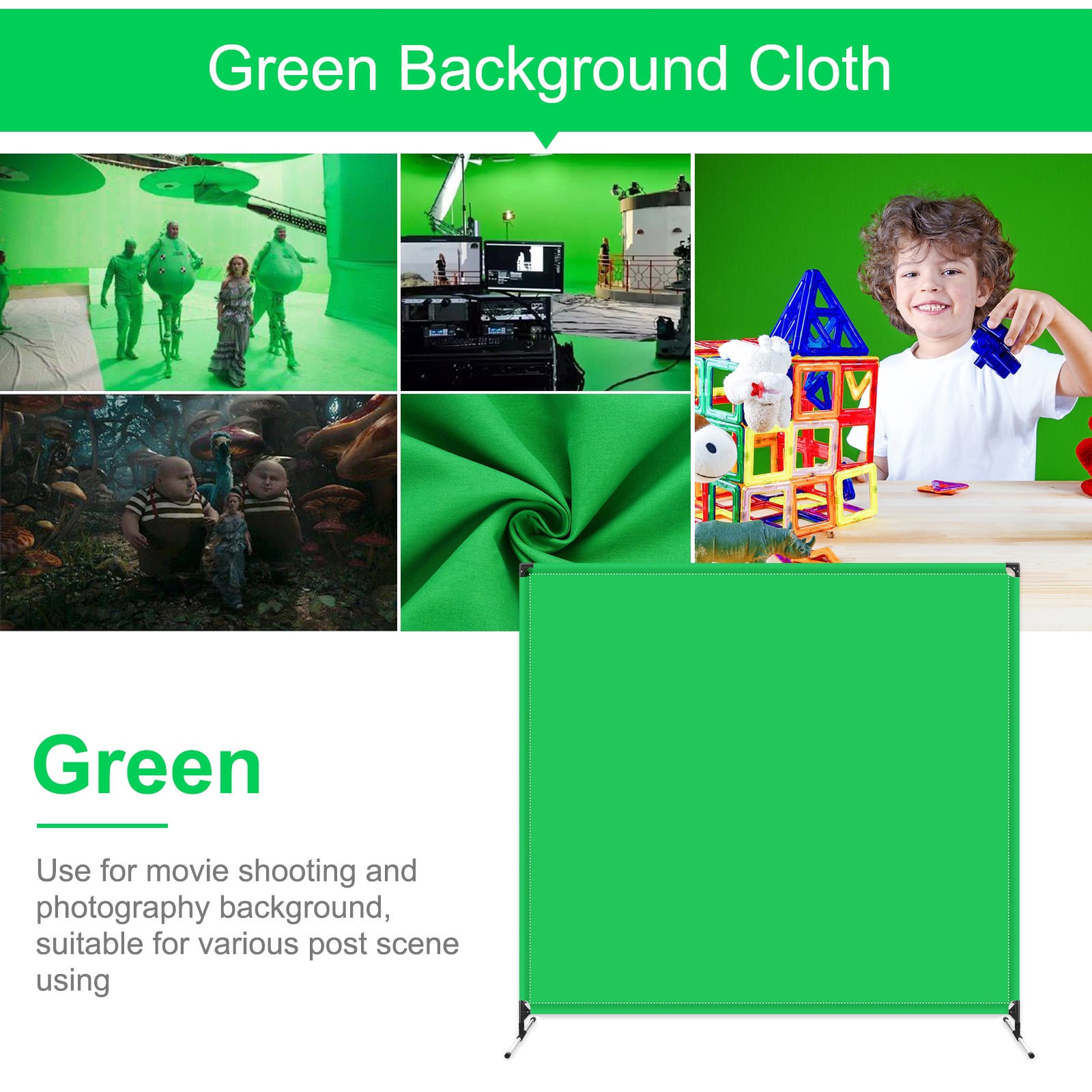 PULUZ chroma key, green screen zöld háttér állvánnyal 185x205cm (PU5203G)-4