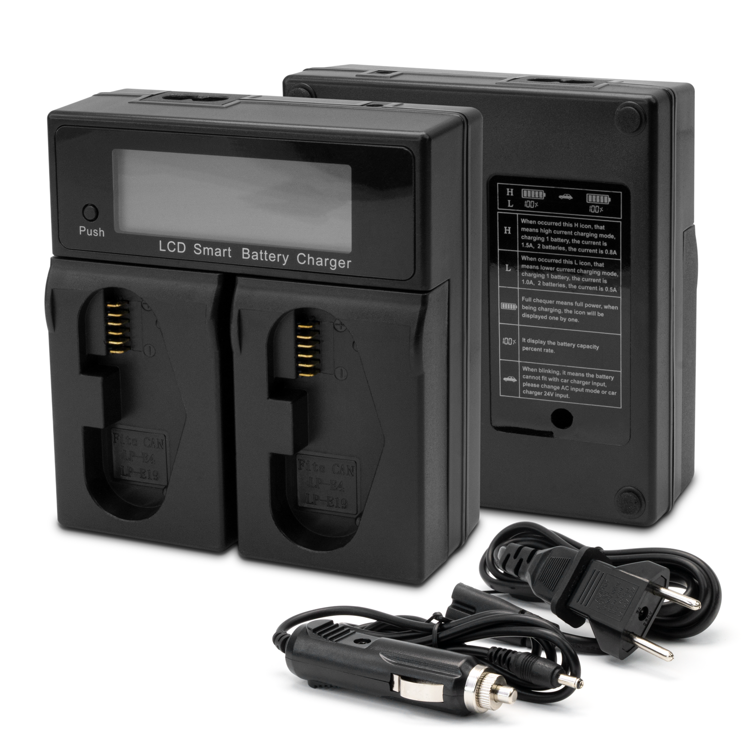 Dupla utángyártott Canon LP-E4/LP-E19 akkumulátor töltő hálózati és szivargyújtó töltővel, LCD kijelzővel-0