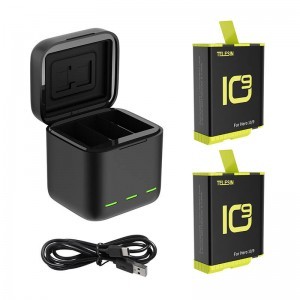 TELESIN 3 foglalatos töltődoboz GoPro Hero 9 / Hero 10 / Hero 11 / Hero 12 akciókamerákhoz + 2db 1750mAh akkumulátor (GP-BNC-901-B)