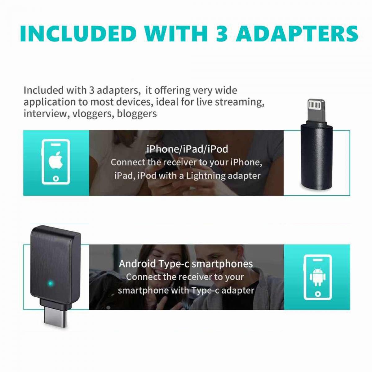 KF Concept E300 2,4 GHz-es vezeték nélküli Lavalier mikrofon töltőtokkal iOS lightning és USB Type-C csatlakozóval (KF10.040)-7