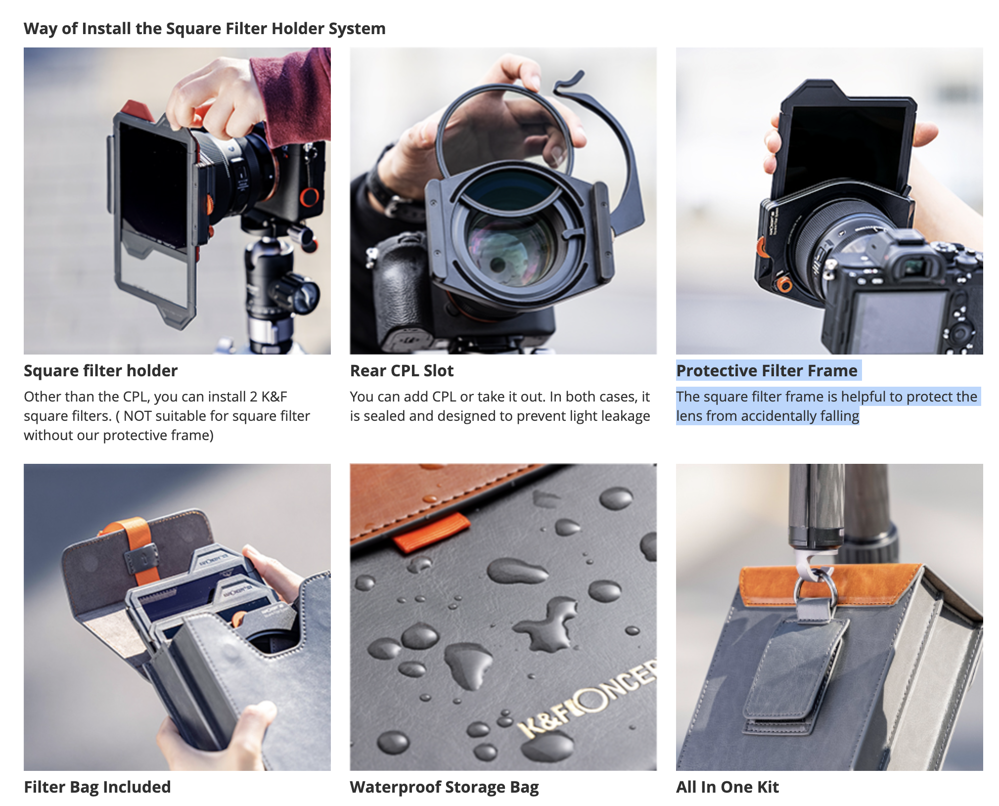 KF Concept négyzet alakú szűrőtartó rendszer Pro Kit (szűrőtartó + 95mm CPL szűrő + négyzet alakú ND1000 + ND8 + ND64 szűrő + 4 szűrőadapter gyűrű) (SKU.1877)-3
