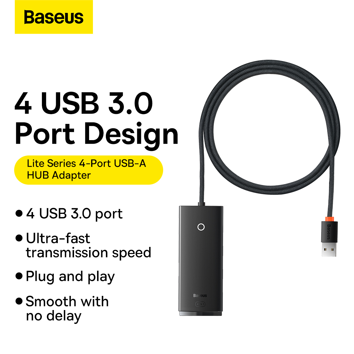 Baseus Adapter HUB - USB - 4xUSB3.0 - 1m (WKQX030101) fekete-1