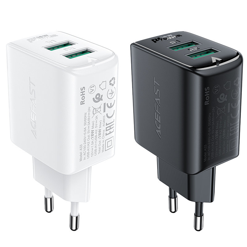 Acefast Töltő Adapter 2 X USB 18W QC 3.0 AFC, FCP fekete  (A33 black)-1
