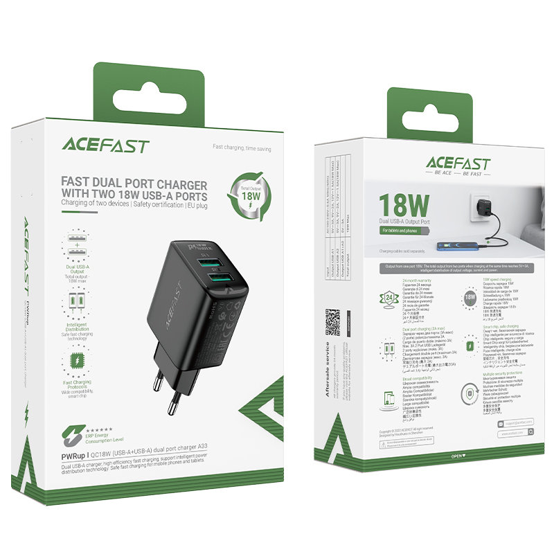 Acefast Töltő Adapter 2 X USB 18W QC 3.0 AFC, FCP fekete  (A33 black)-5