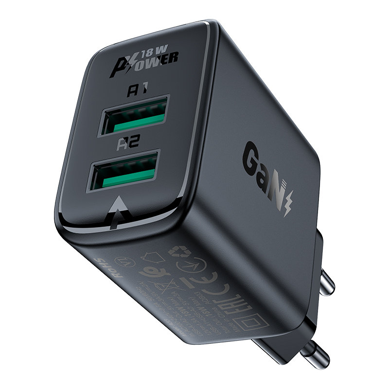 Acefast Töltő Adapter 2 X USB 18W QC 3.0 AFC, FCP fekete  (A33 black)-0
