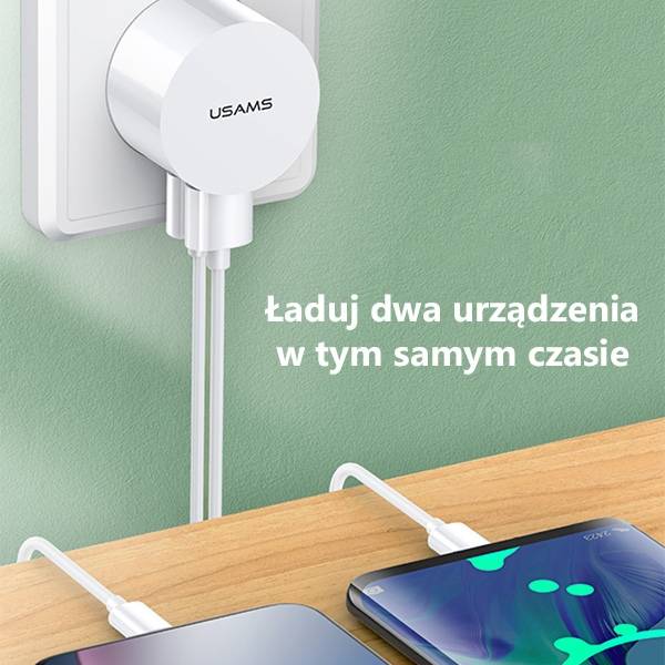 USAMS T20 hálózati töltő adapter 2xUSB 2,1A microUSB kábellel fehér-2
