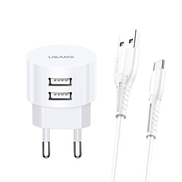 USAMS T20 hálózati töltő adapter 2xUSB 2,1A USB-C kábellel fehér-0