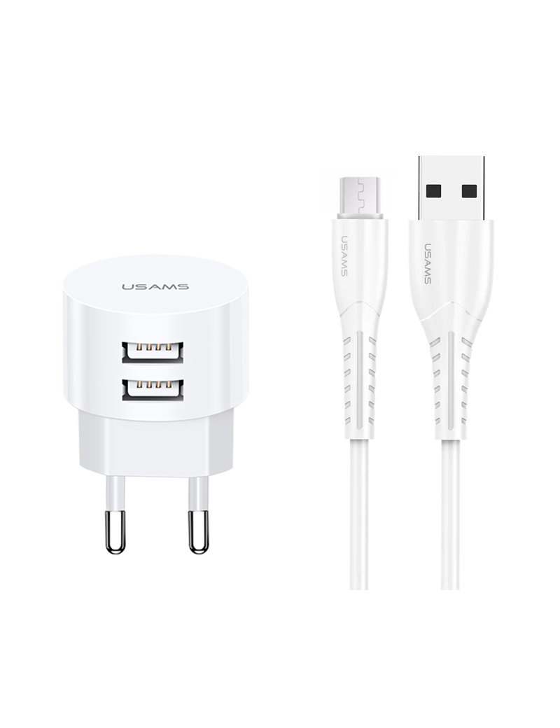 USAMS T20 hálózati töltő adapter 2xUSB 2,1A microUSB kábellel fehér-0