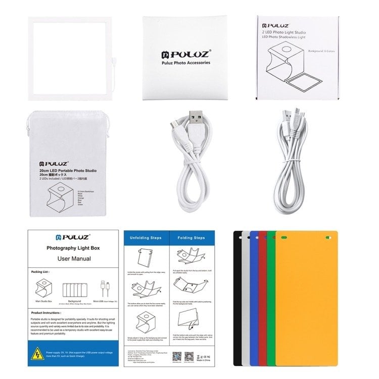 PULUZ fotódoboz, tárgysátor 20x20cm 6db háttérrel, alsó LED megvilágítással (PU5137)-9