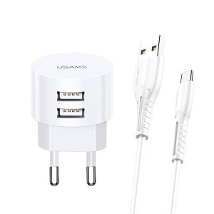 USAMS T20 hálózati töltő adapter 2xUSB 2,1A USB-C kábellel fehér
