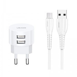 USAMS T20 hálózati töltő adapter 2xUSB 2,1A microUSB kábellel fehér