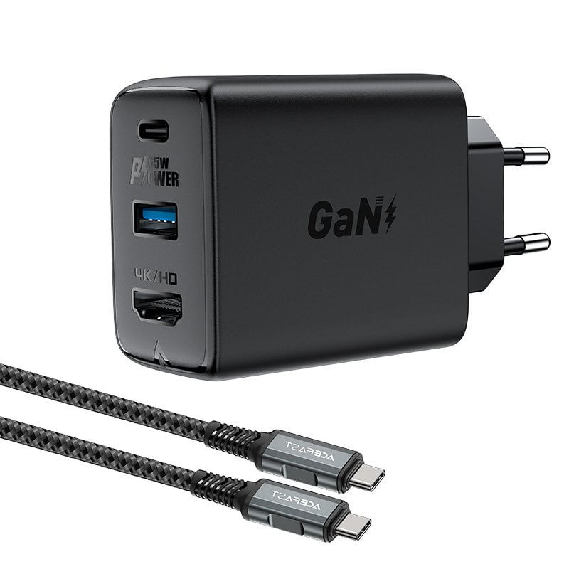 Acefast 2 az 1-ben hálózati töltő adapter GaN 65W USB Type C / USB, HDMI adapter 4K@60Hz + USB Type C kábel 1.8m, fekete (A17)-0