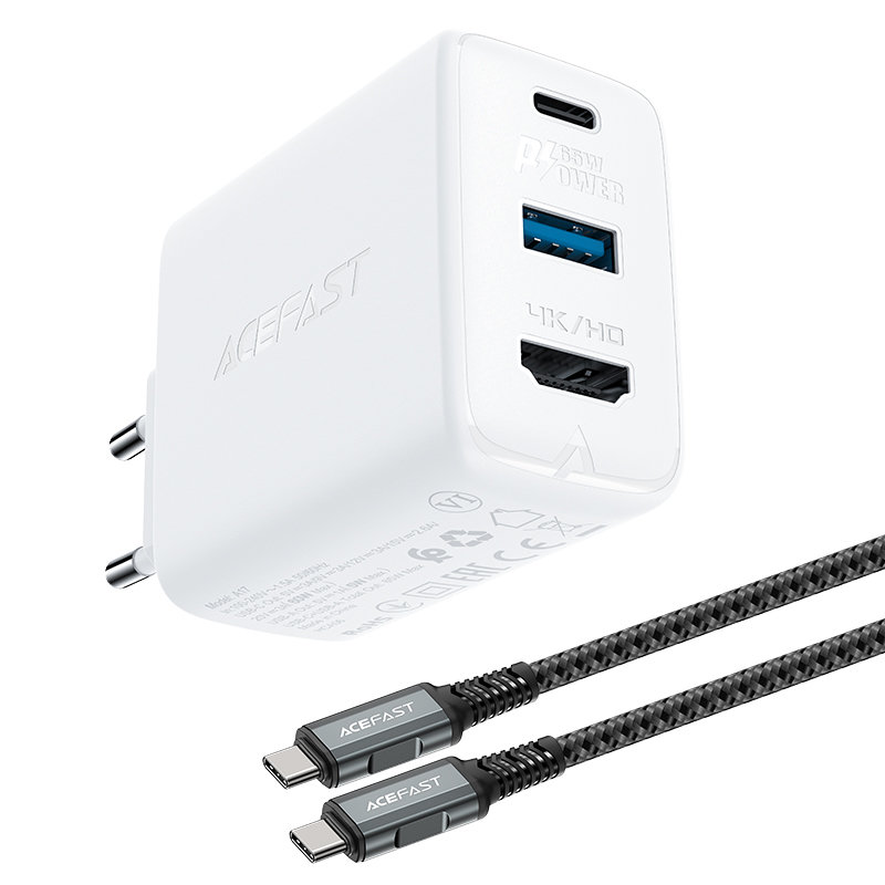 Acefast 2 az 1-ben hálózati töltő adapter GaN 65W USB Type C / USB, HDMI adapter 4K@60Hz + USB Type C kábel 1.8m, fehér (A17)-0