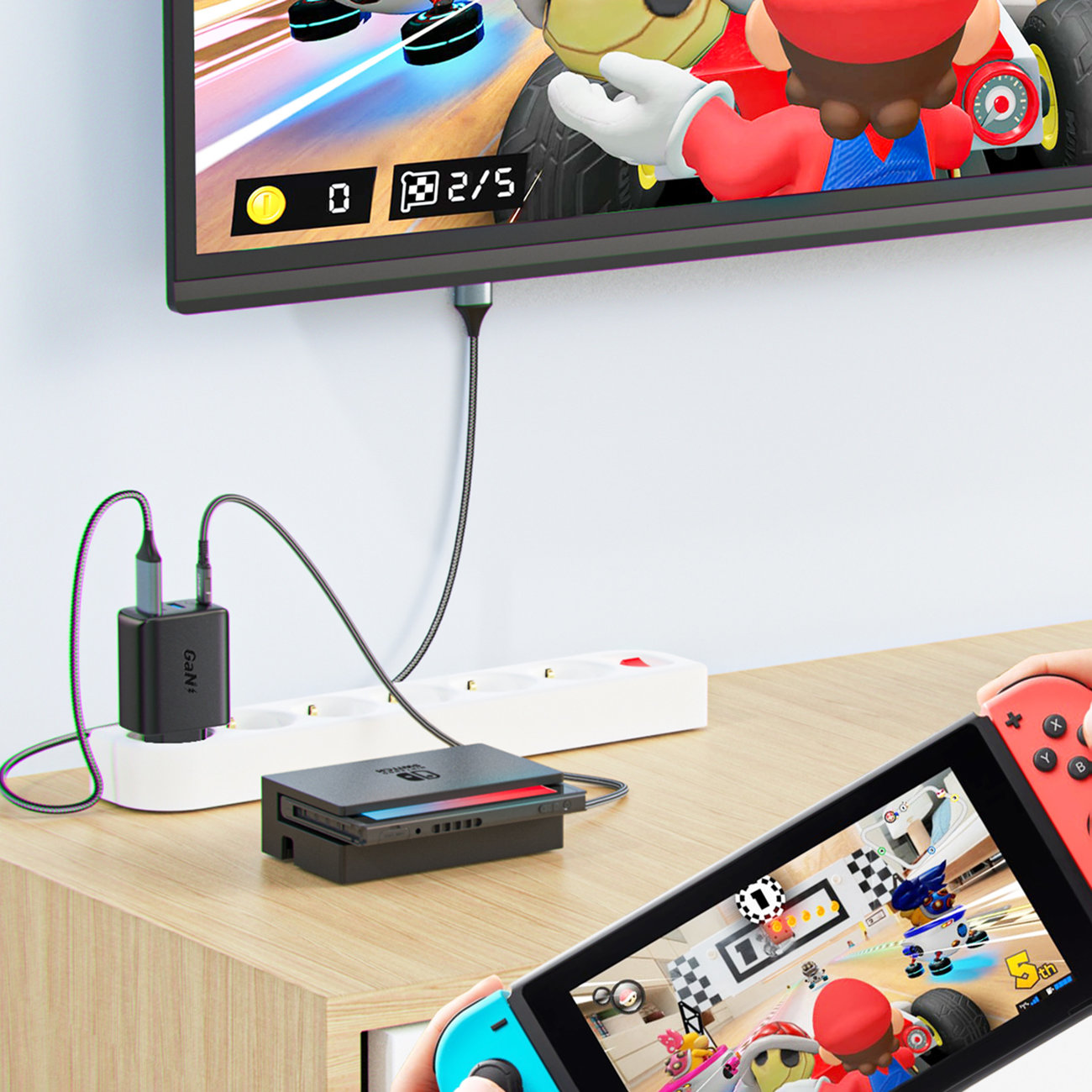 Acefast 2 az 1-ben hálózati töltő adapter GaN 65W USB Type C / USB, HDMI adapter 4K@60Hz + USB Type C kábel 1.8m, fehér (A17)-3