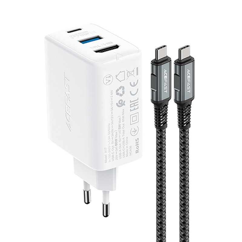 Acefast 2 az 1-ben hálózati töltő adapter GaN 65W USB Type C / USB, HDMI adapter 4K@60Hz + USB Type C kábel 1.8m, fehér (A17)-1