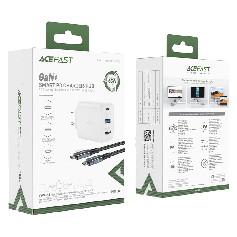 Acefast 2 az 1-ben hálózati töltő adapter GaN 65W USB Type C / USB, HDMI adapter 4K@60Hz + USB Type C kábel 1.8m, fehér (A17)-7