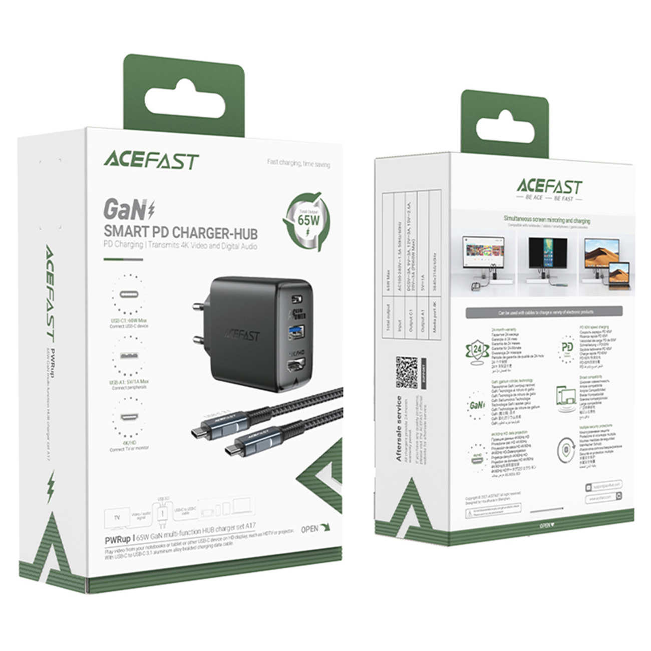 Acefast 2 az 1-ben hálózati töltő adapter GaN 65W USB Type C / USB, HDMI adapter 4K@60Hz + USB Type C kábel 1.8m, fehér (A17)-8