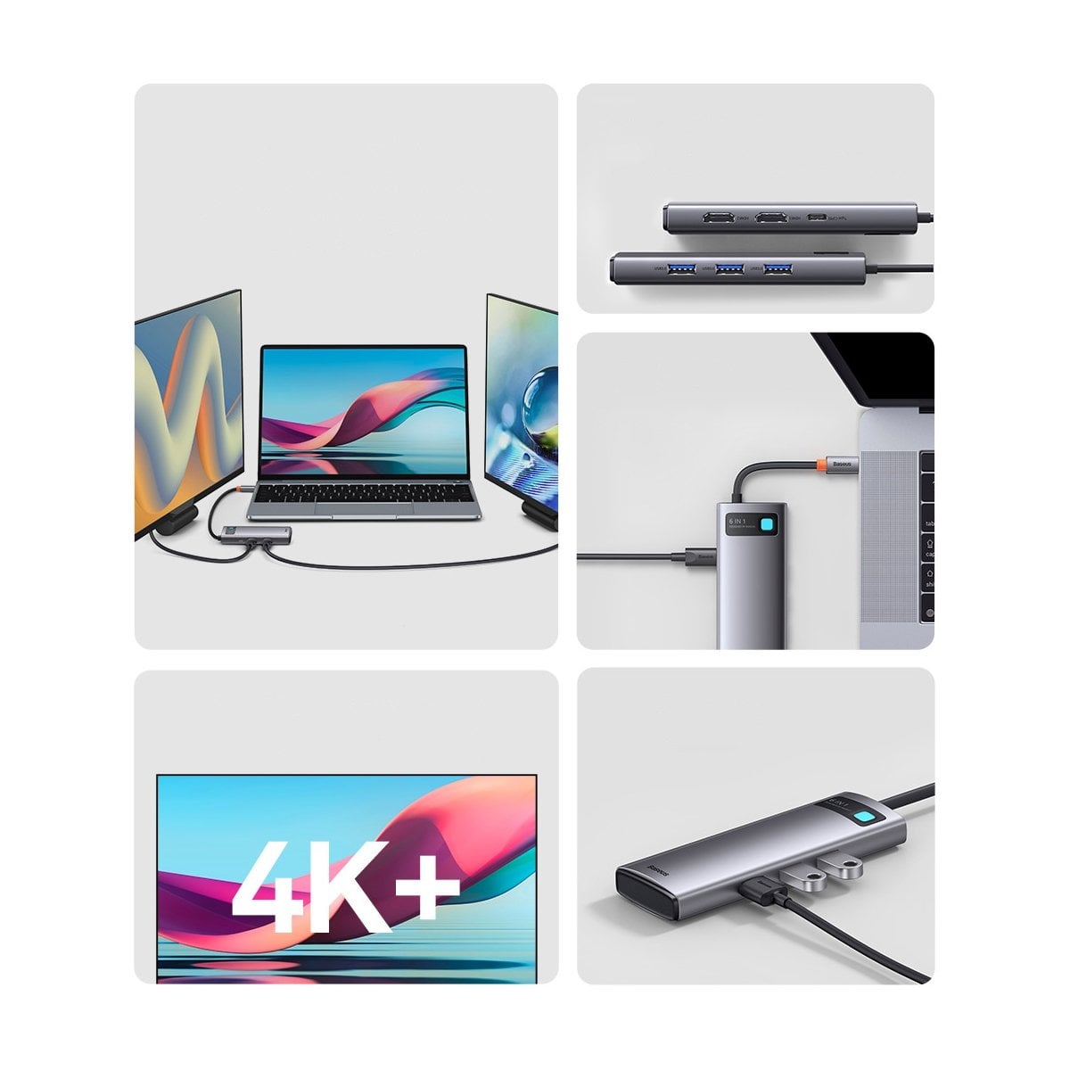 Baseus Metal Gleam Series 6 az 1-ben dokkoló, HUB USB Type C Power Delivery 100 W / 2x HDMI 4K 30 Hz / 3x USB 3.2 Gen 1 szürke (WKWG030113)-22