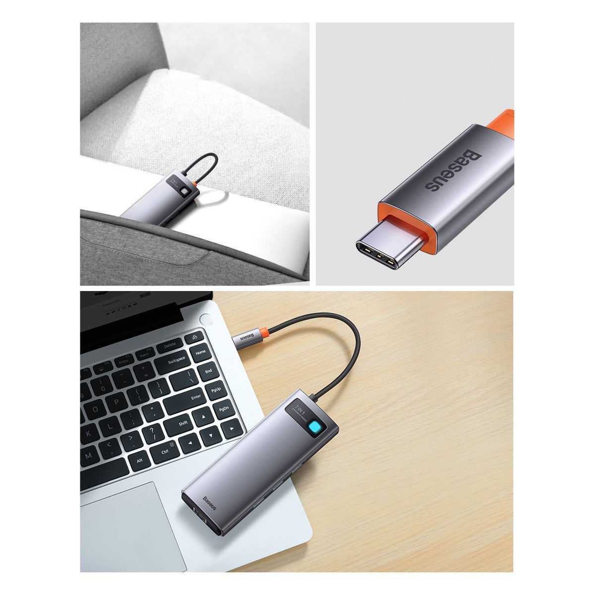 Baseus Metal Gleam Series 7 az 1-ben dokkoló, HUB USB Type C - 1 x HDMI / 1 x VGA / 3 x USB 3.2 Gen. 1/1 x Power Delivery / 1 x RJ-45 Ethernet szürke (WKWG040013)-2
