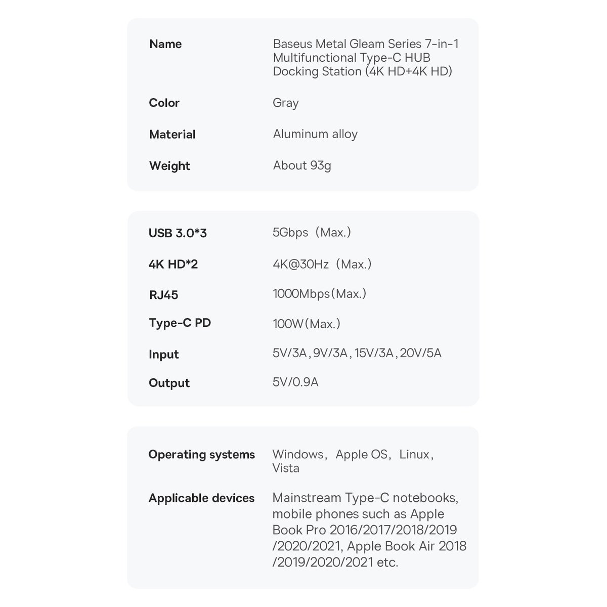 Baseus Metal Gleam Series 7 az 1-ben dokkoló, HUB USB Type C - 2 x HDMI / 3 x USB 3.2 Gen. 1/1 x Power Delivery / 1 x RJ-45 Ethernet szürke (WKWG040113)-23