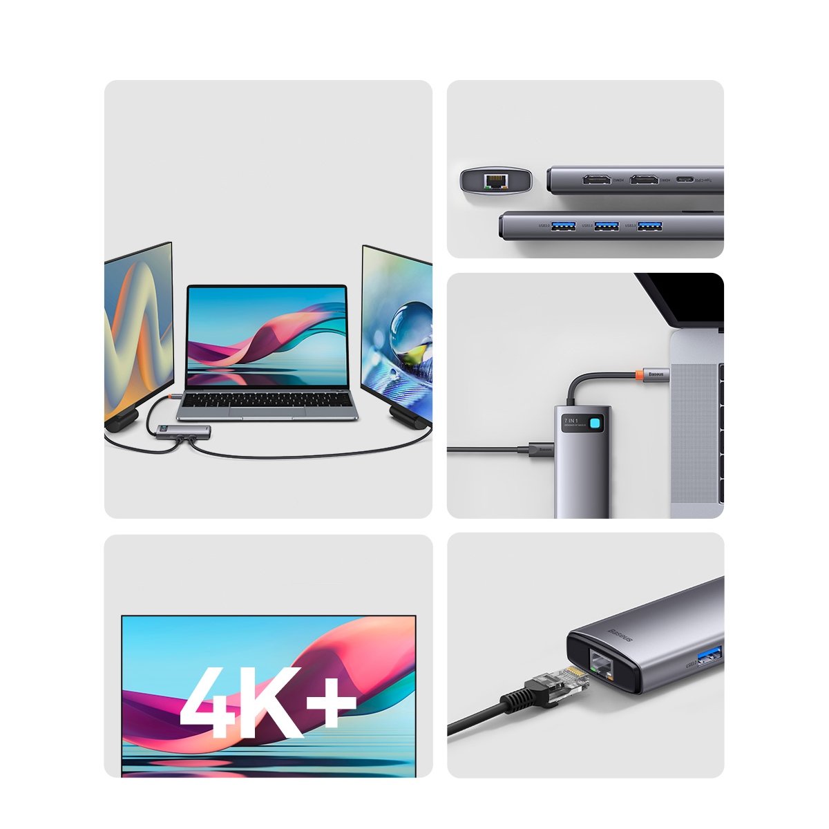Baseus Metal Gleam Series 7 az 1-ben dokkoló, HUB USB Type C - 2 x HDMI / 3 x USB 3.2 Gen. 1/1 x Power Delivery / 1 x RJ-45 Ethernet szürke (WKWG040113)-27