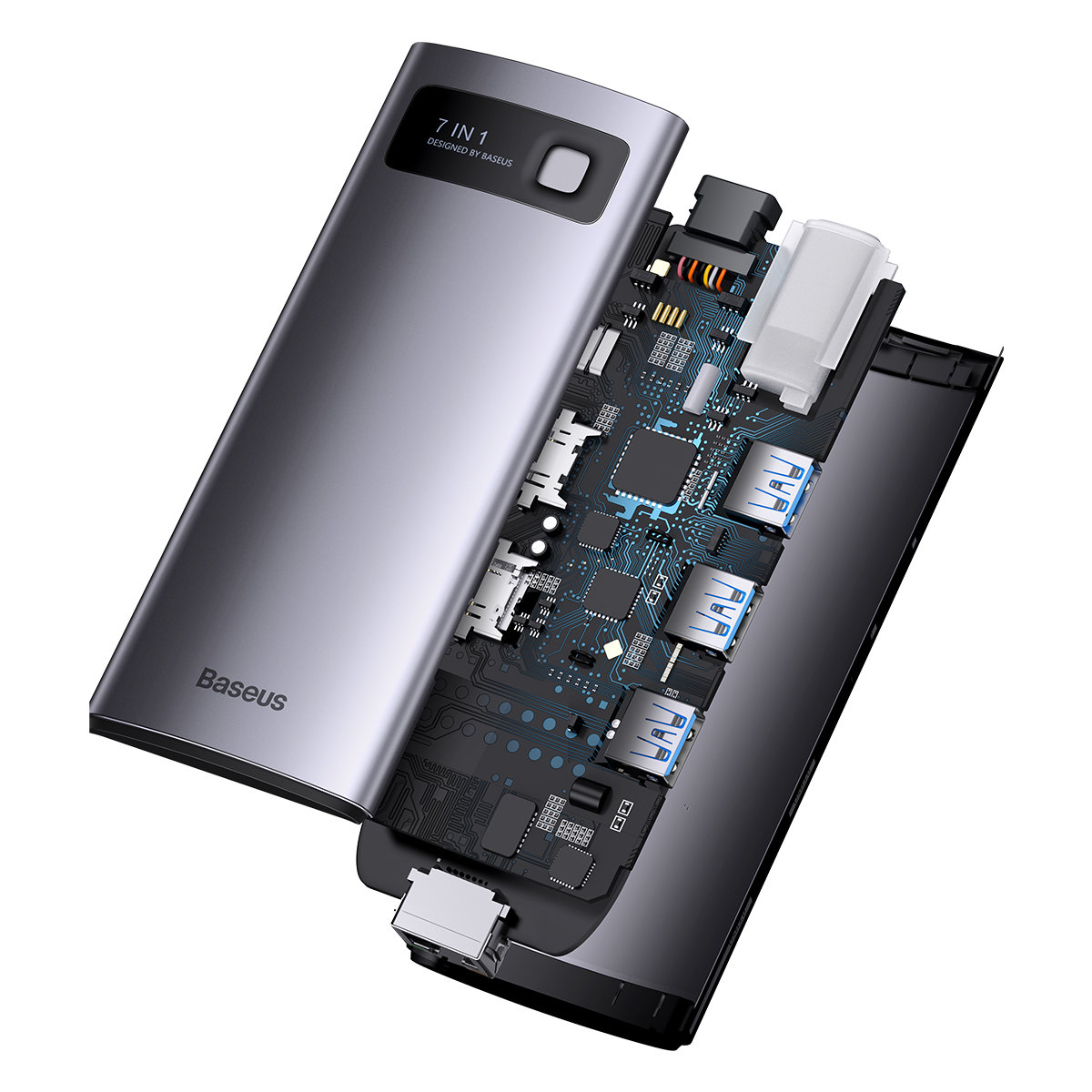Baseus Metal Gleam Series 7 az 1-ben dokkoló, HUB USB Type C - 2 x HDMI / 3 x USB 3.2 Gen. 1/1 x Power Delivery / 1 x RJ-45 Ethernet szürke (WKWG040113)-4
