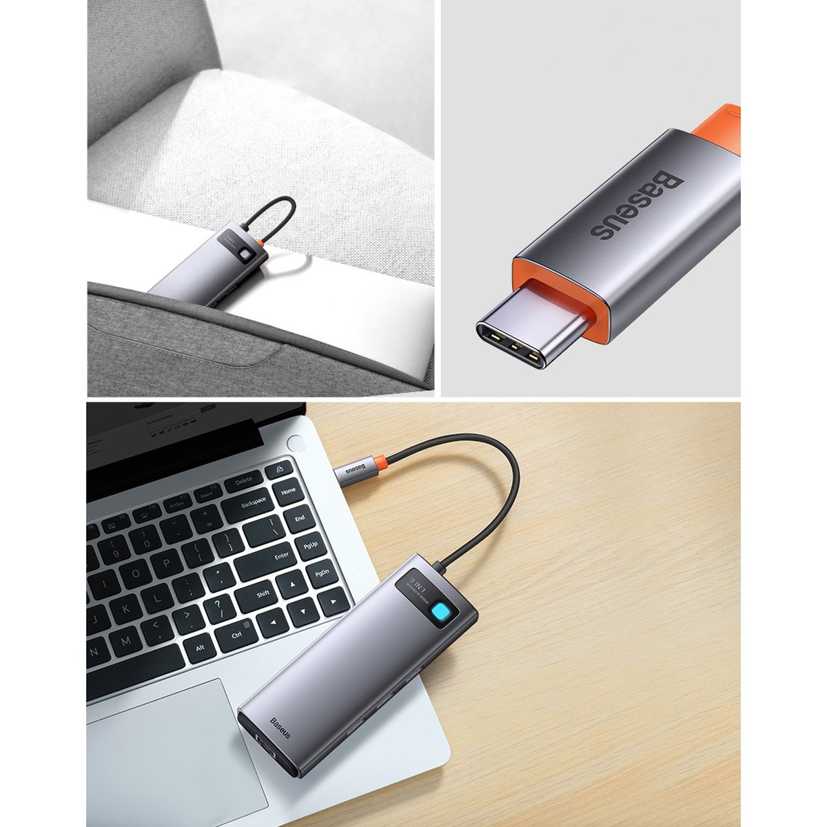 Baseus Metal Gleam Series 9 az 1-ben dokkoló, HUB USB Type C - 2 x HDMI / 2 x USB 3.2 Gen. 1/1 x USB 2.0 / 1 x Power Delivery / 1 x SD kártyaolvasó / 1 x microSD kártyaolvasó / 1 x RJ-45 szürke (WKWG060013)-2