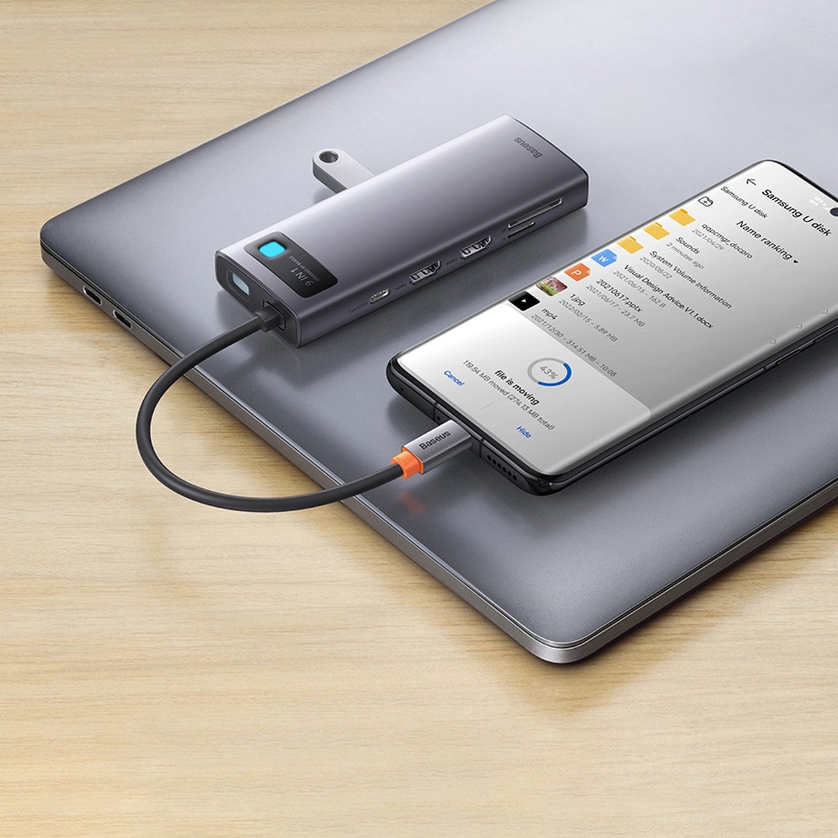 Baseus Metal Gleam Series 9 az 1-ben dokkoló, HUB USB Type C - 2 x HDMI / 2 x USB 3.2 Gen. 1/1 x USB 2.0 / 1 x Power Delivery / 1 x SD kártyaolvasó / 1 x microSD kártyaolvasó / 1 x RJ-45 szürke (WKWG060013)-4