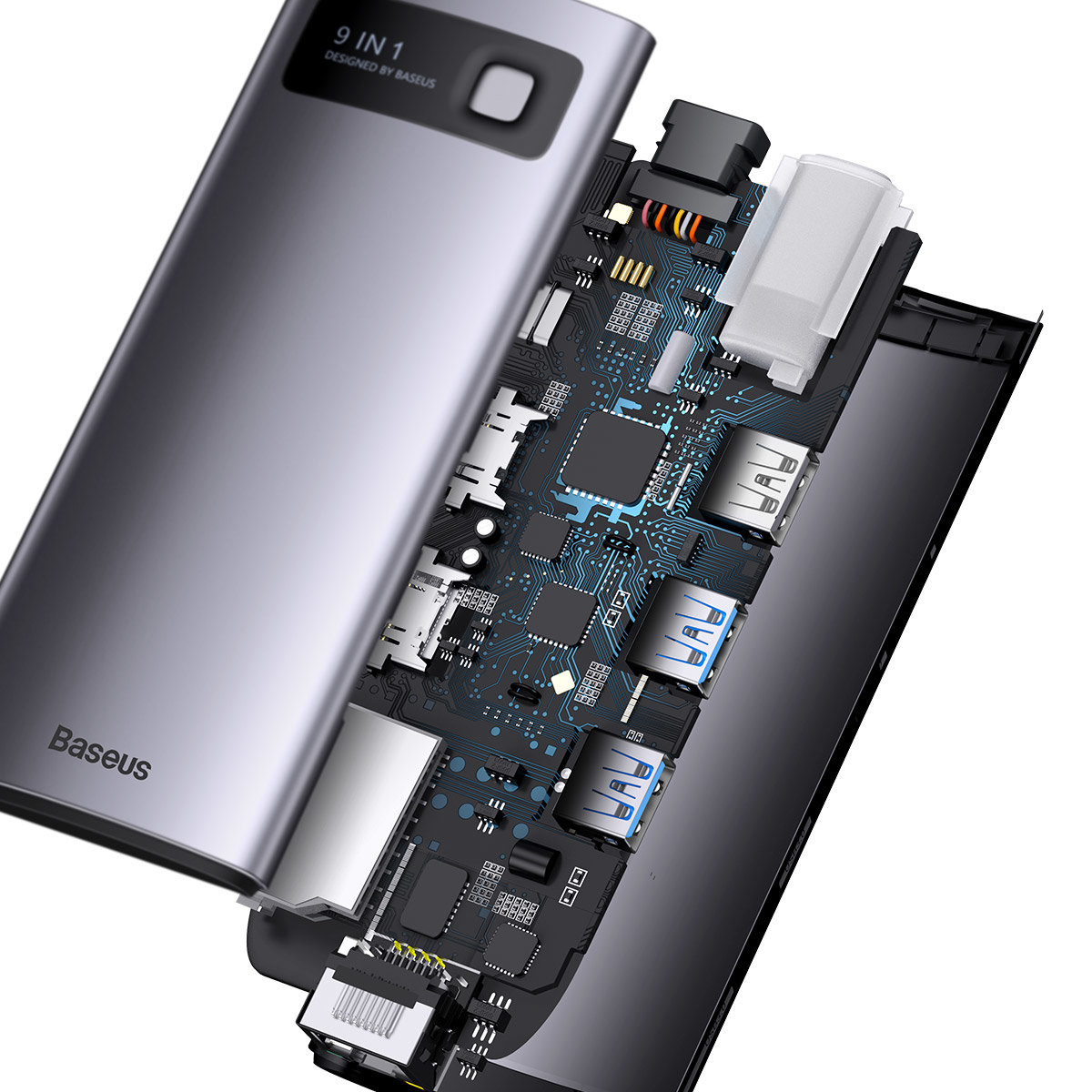 Baseus Metal Gleam Series 9 az 1-ben dokkoló, HUB USB Type C - 2 x HDMI / 2 x USB 3.2 Gen. 1/1 x USB 2.0 / 1 x Power Delivery / 1 x SD kártyaolvasó / 1 x microSD kártyaolvasó / 1 x RJ-45 szürke (WKWG060013)-12