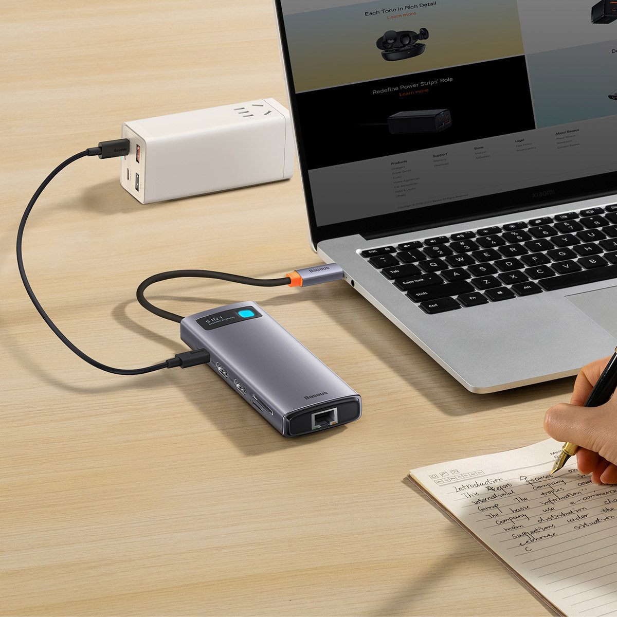 Baseus Metal Gleam Series 9 az 1-ben dokkoló, HUB USB Type C - 2 x HDMI / 2 x USB 3.2 Gen. 1/1 x USB 2.0 / 1 x Power Delivery / 1 x SD kártyaolvasó / 1 x microSD kártyaolvasó / 1 x RJ-45 szürke (WKWG060013)-1