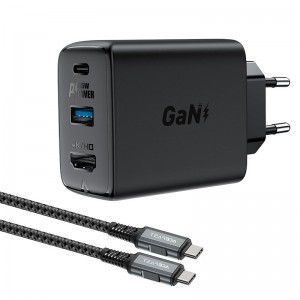 Acefast 2 az 1-ben hálózati töltő adapter GaN 65W USB Type C / USB, HDMI adapter 4K@60Hz + USB Type C kábel 1.8m, fekete (A17)