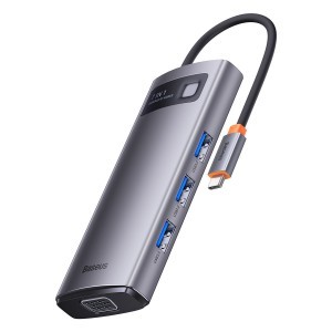 Baseus Metal Gleam Series 7 az 1-ben dokkoló, HUB USB Type C - 1 x HDMI / 1 x VGA / 3 x USB 3.2 Gen. 1/1 x Power Delivery / 1 x RJ-45 Ethernet szürke (WKWG040013)