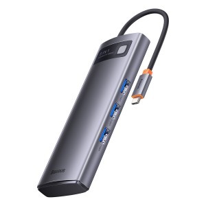 Baseus Metal Gleam Series 8 az 1-ben dokkoló, HUB USB Type C - 2 x HDMI / 3 x USB 3.2 Gen.1 / 1 x Power Delivery / 1 x SD kártyaolvasó / 1 x microSD kártyaolvasó szürke (WKWG050113)