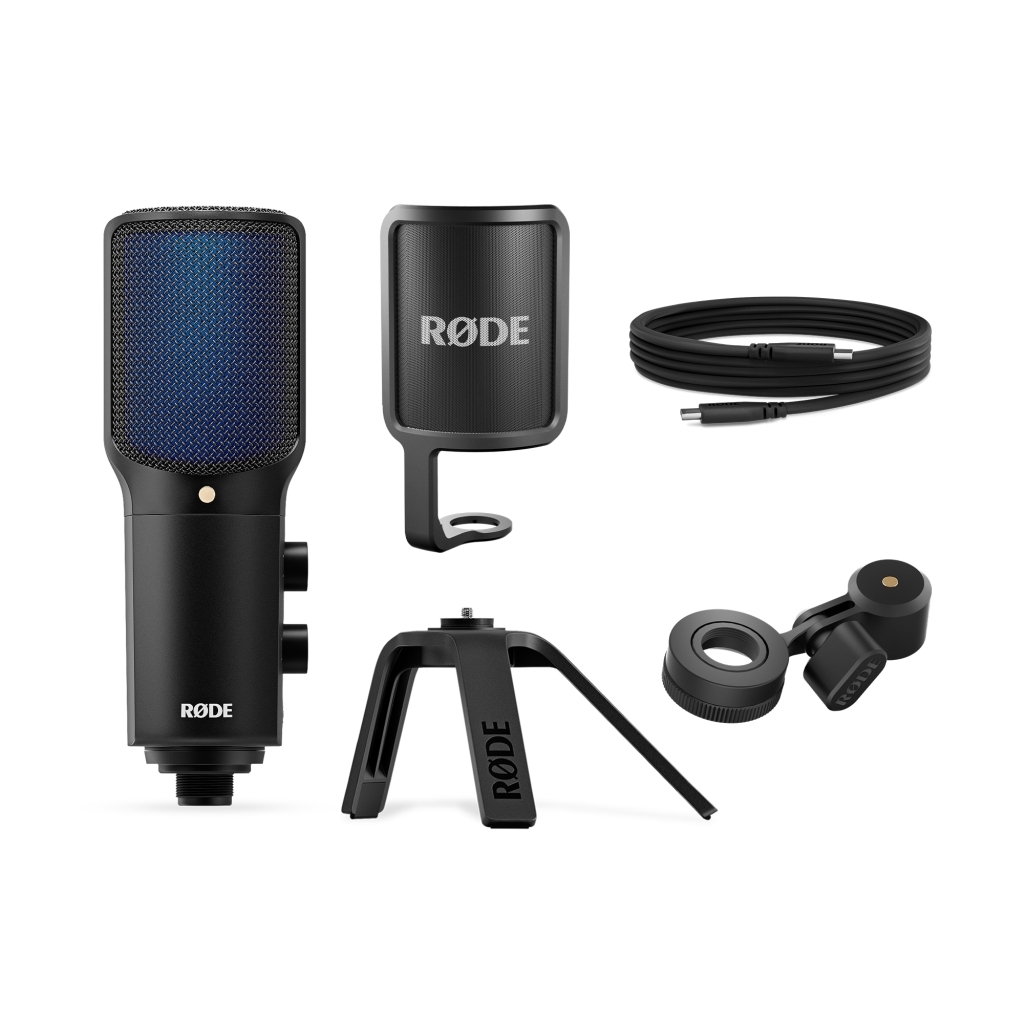 RODE NT-USB+ professzionális kondenzátor USB mikrofon fejhallgató erősítővel, pop-filterrel és asztali állvánnyal, DSP, Connect and Central SW-2