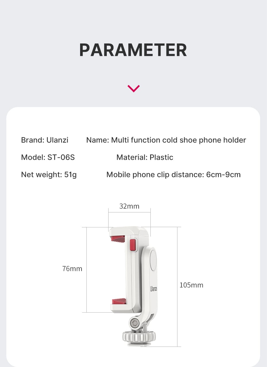 ULANZI ST-06S 360 fokban állítható mobiltelefon rögzítő, telefontartó adapter 1/4-es menettel, vakupapucs foglalattal fehér (3057)-6