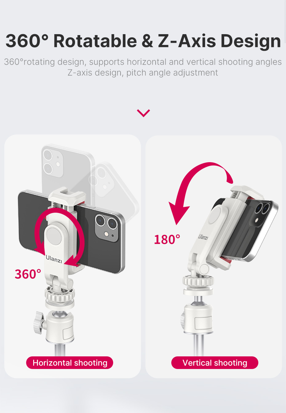 ULANZI ST-06S 360 fokban állítható mobiltelefon rögzítő, telefontartó adapter 1/4-es menettel, vakupapucs foglalattal fehér (3057)-7