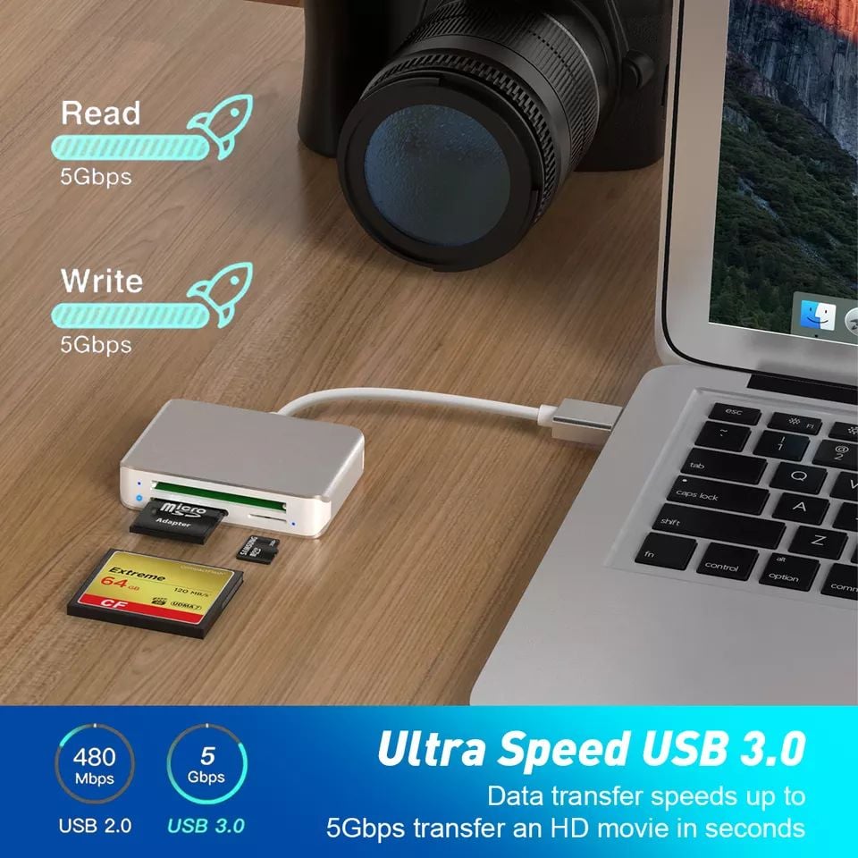 ROCKETEK USB 3.0 5Gbps memóriakártya olvasó CF / SD, microSD / TF (CR306-B)-2