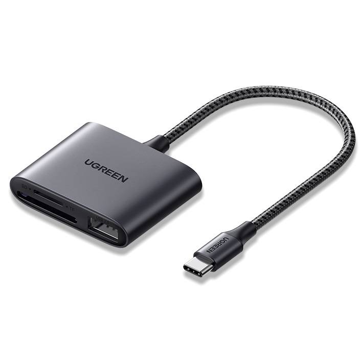 Ugreen CM387 USB-C HUB elosztó adapter, microSD/SD kártyaolvasó + USB-A (fekete)-0