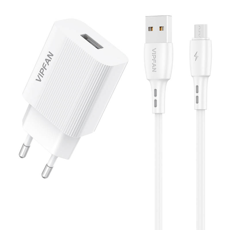 Vipfan E01 fali hálózati töltő adapter, 1x USB, 2,4A + micro USB kábel (fehér)-0