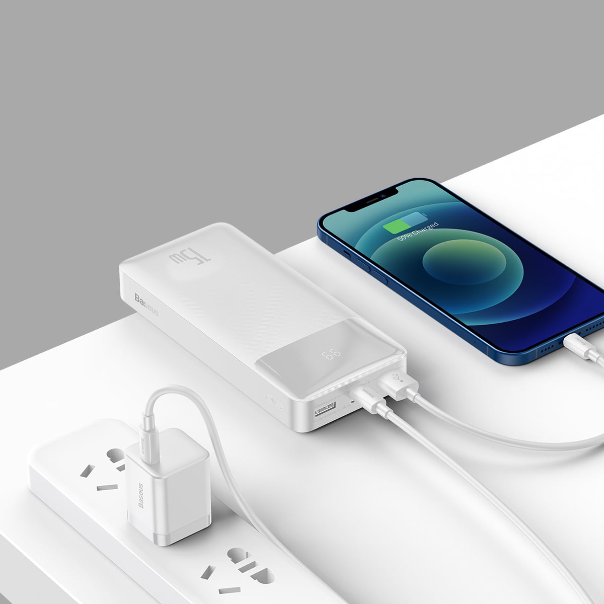 Baseus Bipow Power Bank 20000mAh 15W + USB-A - Micro USB 0,25m kábel fehér (PPBD050102)-4