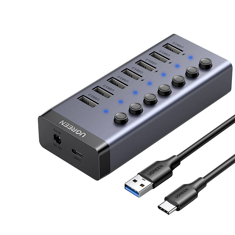Ugreen 7in1 HUB elosztó adapter USB-C, 7x USB-A 3.0 12V 2A (fekete)-1