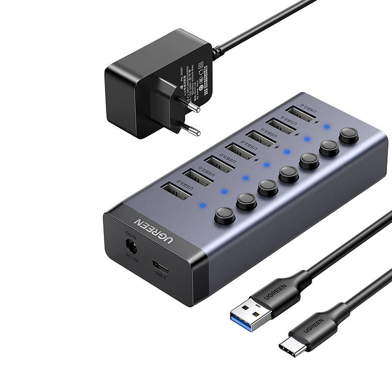 Ugreen 7in1 HUB elosztó adapter USB-C, 7x USB-A 3.0 12V 2A (fekete)-0